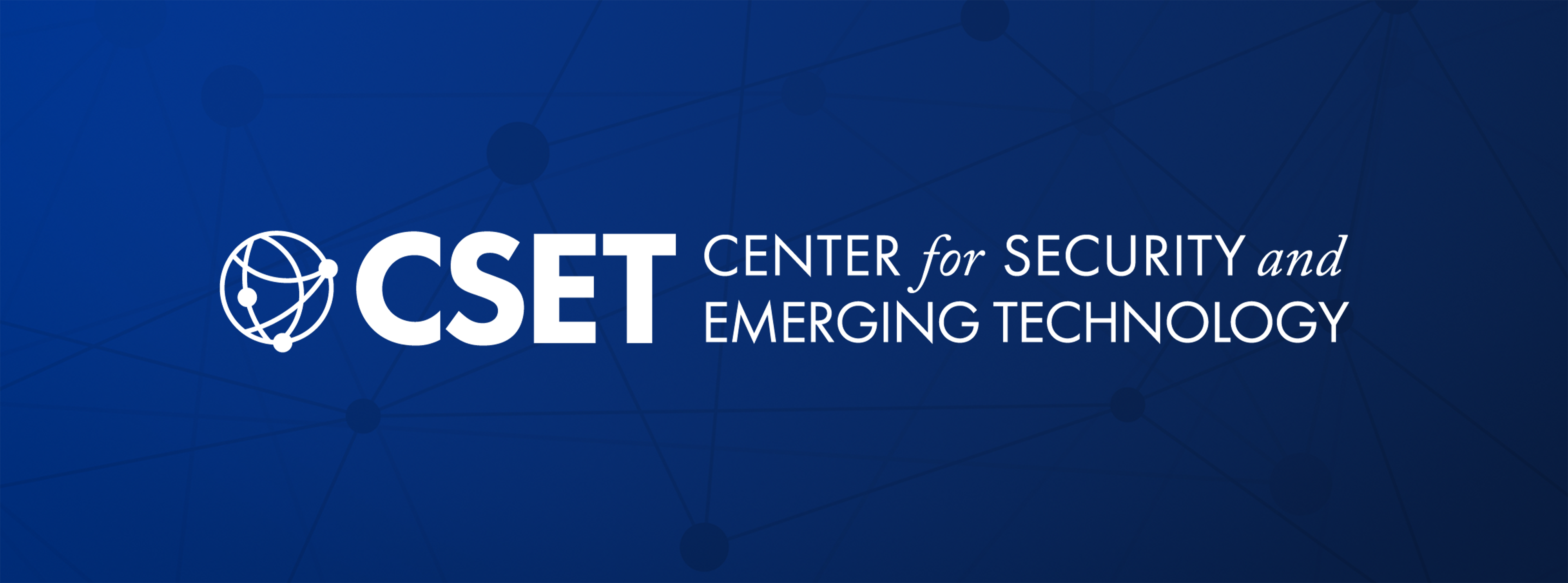 A wide banner with a dark blue gradient background featuring the logo of the Center for Security and Emerging Technology (CSET) in white lettering.