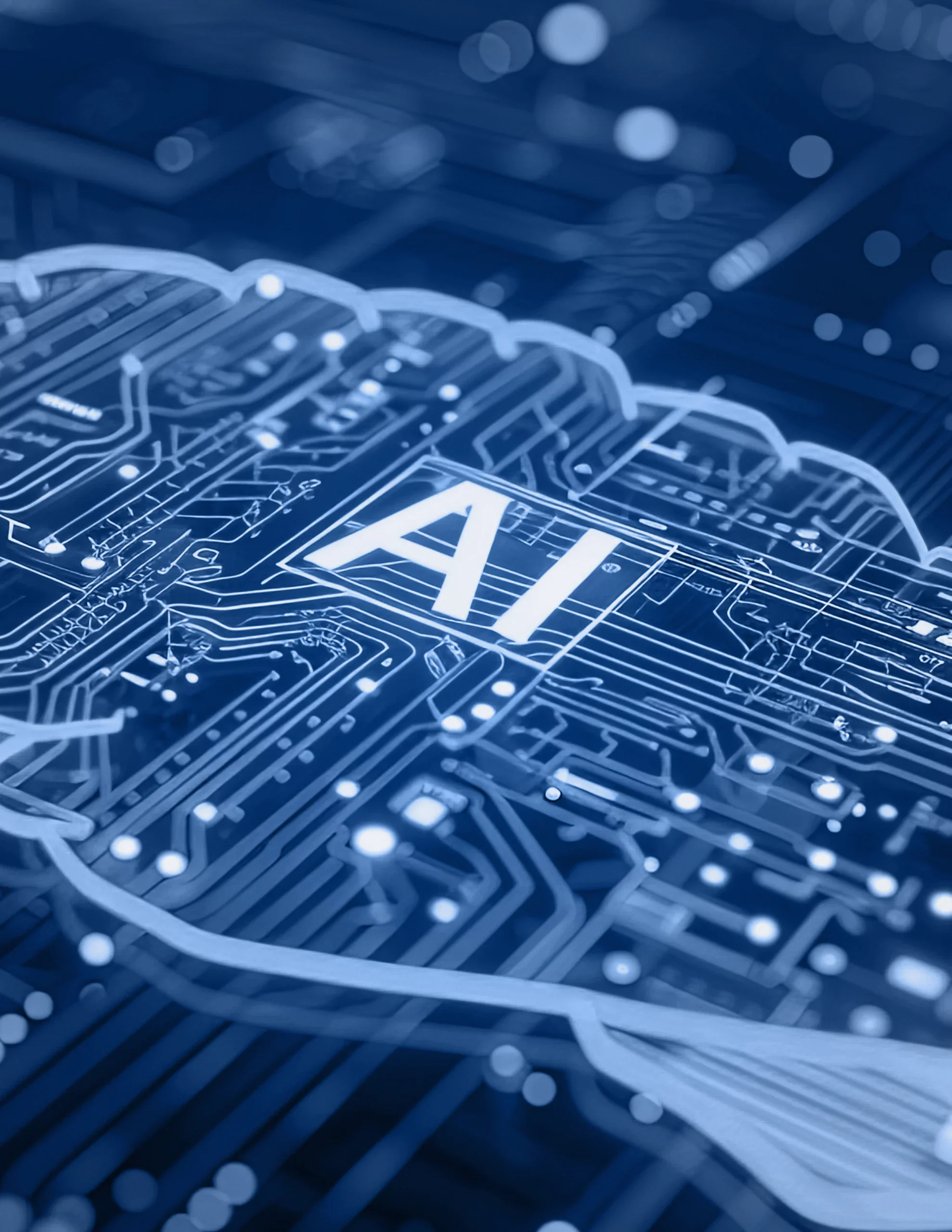 Image of a circuit board design with the letters 'AI' at the center, symbolizing artificial intelligence integrated within technology.