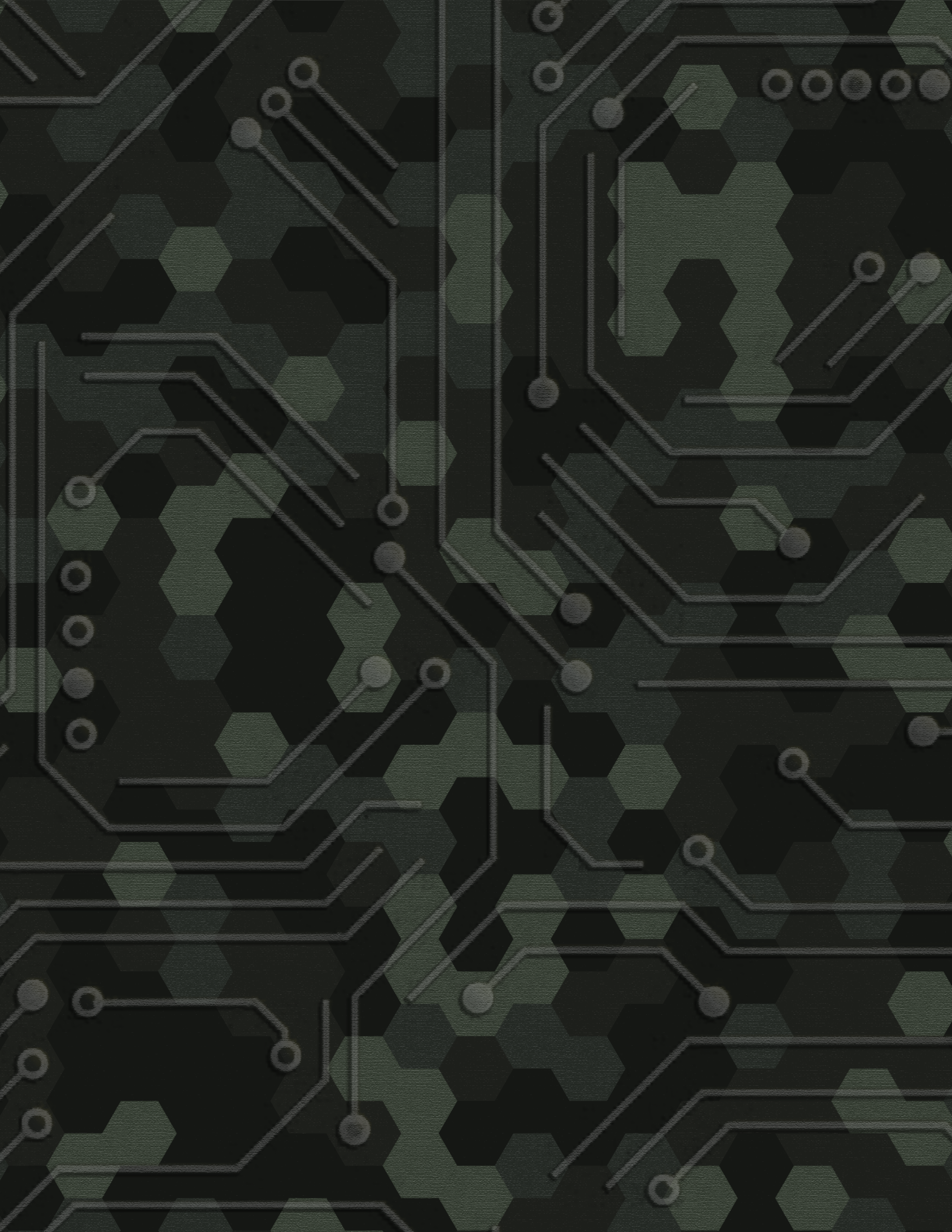 A close-up image of a dark green and black circuit board with a hexagonal pattern, representing AI and military.