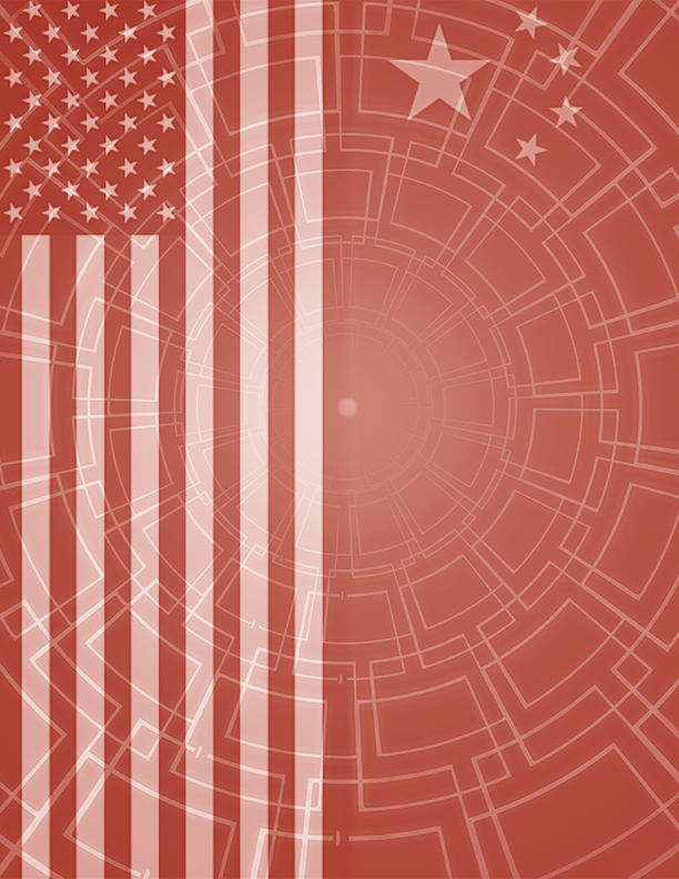 Image of USA and China's flags with a red tech overlay