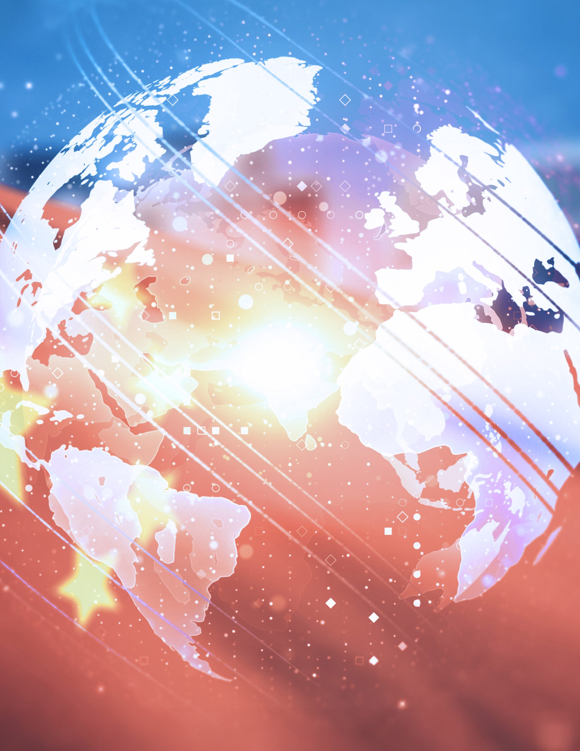 Image of a world globe with the flag of china behind it