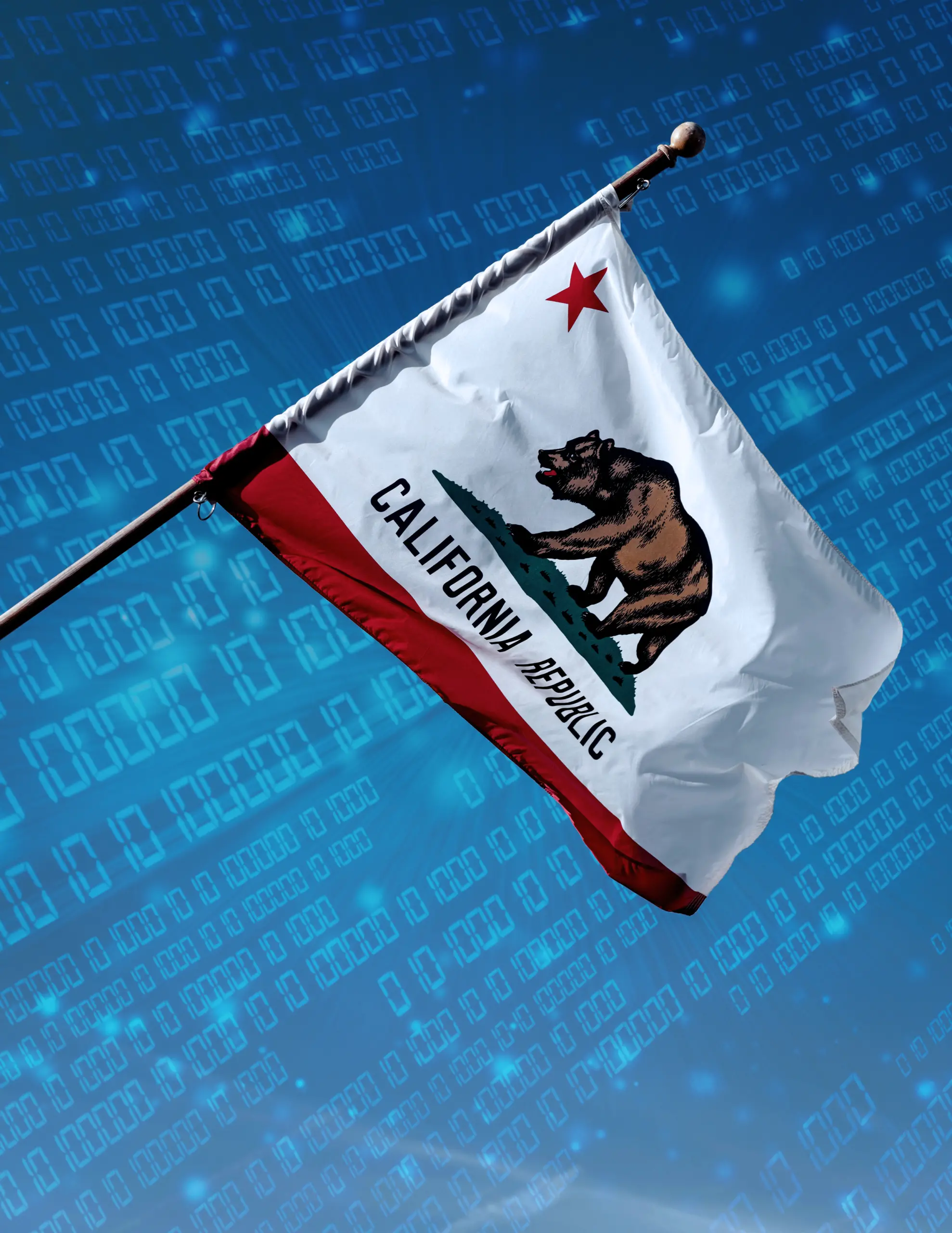 Image of the flag of California with a blue tech background.