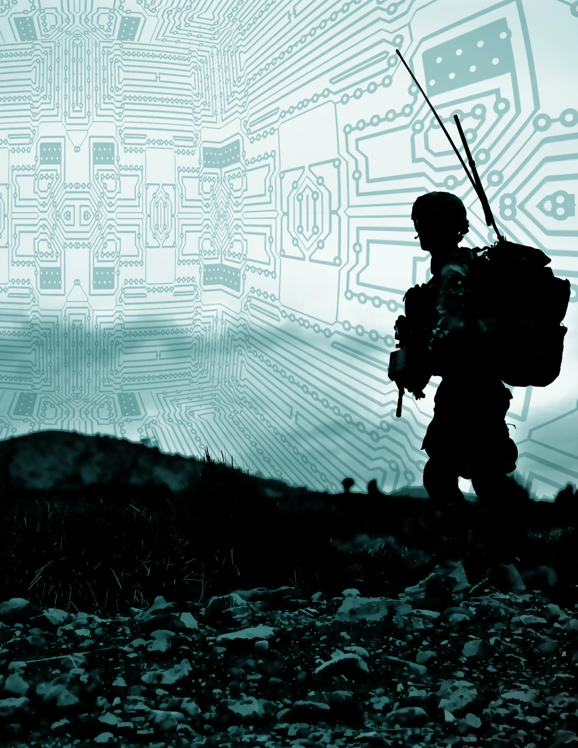 Image of a silhouette of a soldier. The background is a light green overlay of a circuit pattern.