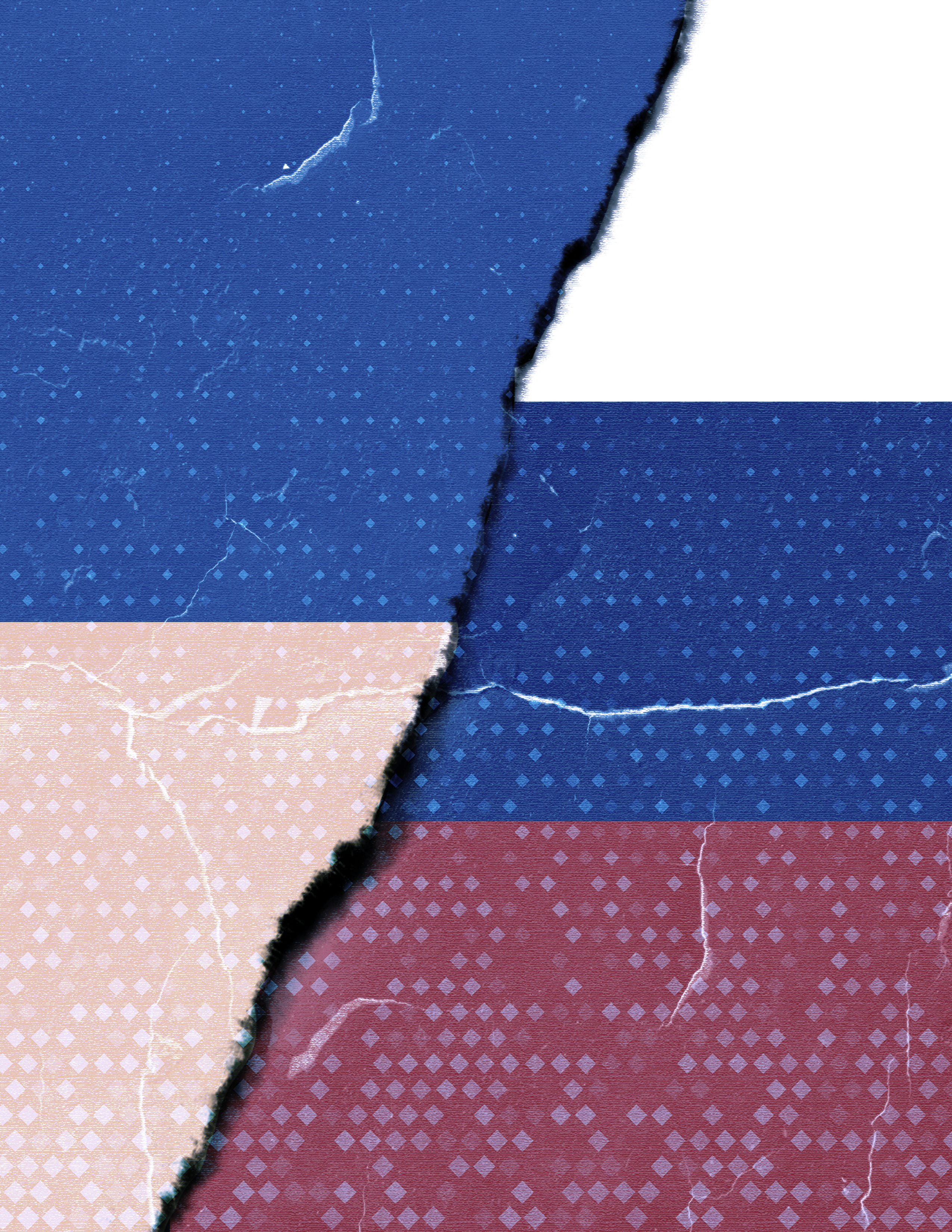 An image with a textured, torn paper effect, showing a split between Ukraine and Russia.