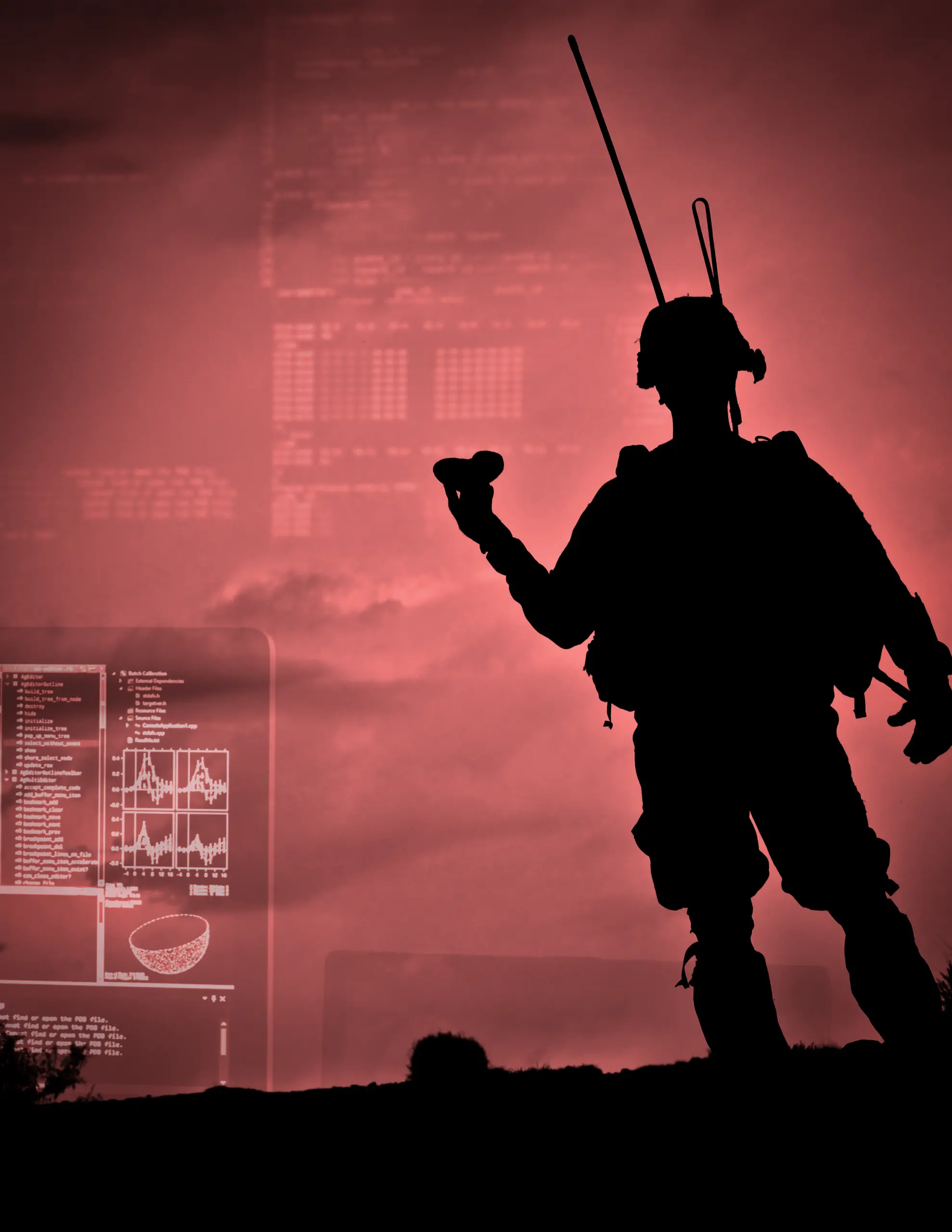 Silhouette of a soldier in front of a red background and tech overlay