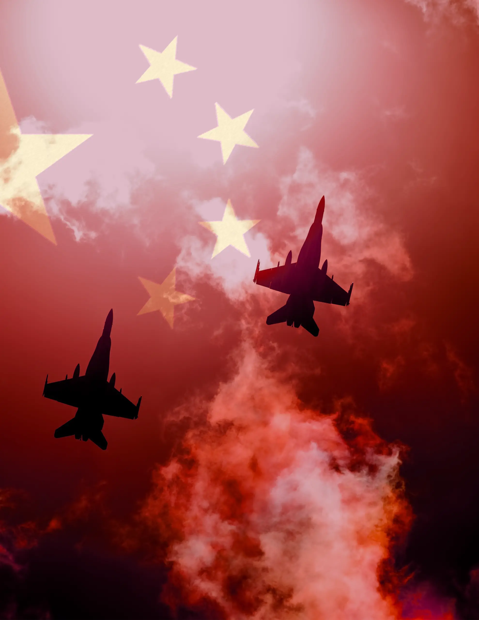 Image of two jets in the sky with a red overlay and the flag of China in the background.