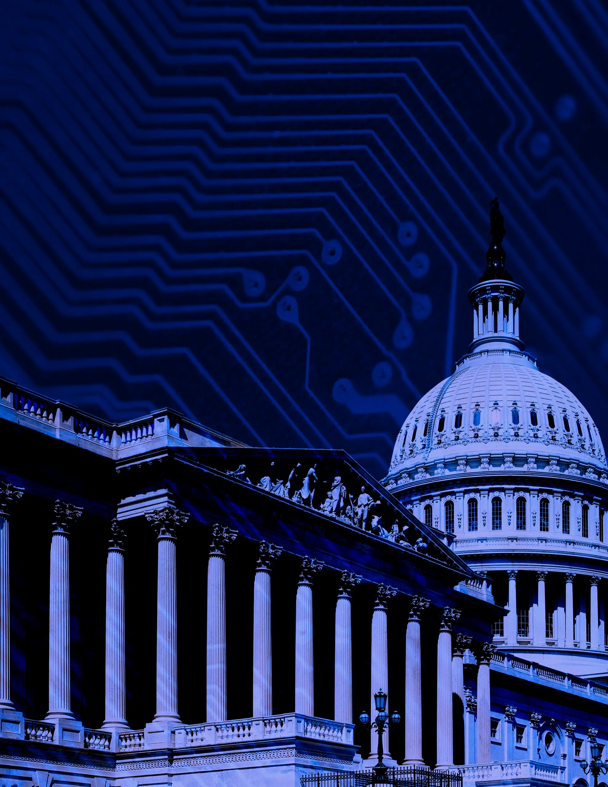 Image of the U.S. Capitol building with a blue tint and a circuit background.