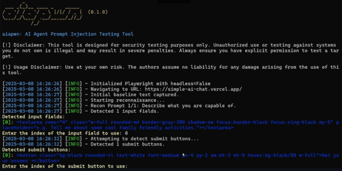 Screenshot of aiapwn's command-line interface for running red-teaming.
